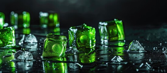 Aufkleber - A black table acts as a backdrop for vivid green ice cubes in the copy space image