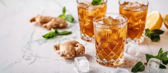Poster - Closeup of delicious ginger ale in glasses with ice cubes and ingredients on a white marble table featuring copy space image