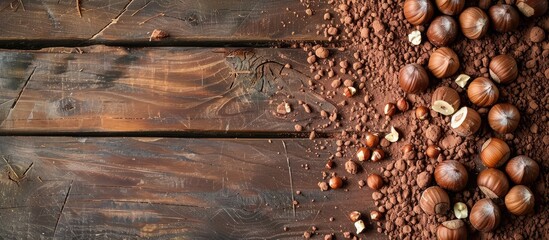 Aufkleber - Delicious milk chocolate topped with cocoa powder and hazelnuts on a wooden backdrop with copy space image