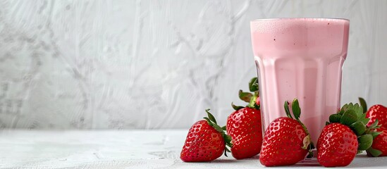 Aufkleber - A delicious pink beverage made from strawberries and milk displayed on a white backdrop providing a clear view of the drink perfect for a copy space image