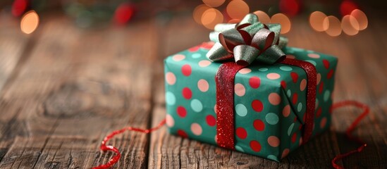 Fototapete - Christmas and New Year themed colorful gift box paper on a brown wooden surface with a selective and softly focused background ideal for adding a copy space image