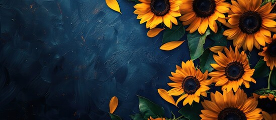 Leinwandbilder - Dark blue background with a frame of sunflowers perfect for adding text or images with copy space image