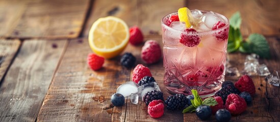 Poster - A cocktail with ice berries and lemon placed on a wooden surface with a focused composition offering ample copy space image