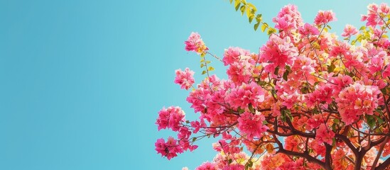 Wall Mural - A beautiful pink tree adorned with colorful flowers against a clear blue sky makes for a stunning copy space image