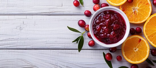 Aufkleber - A composition of cranberry sauce and orange arranged on a white wooden table with room for text around the elements in the copy space image