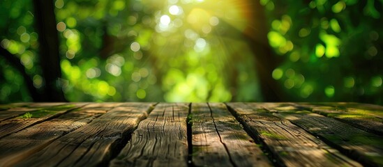 Aufkleber - Blurred green backdrop adds bokeh effect to wooden surface with copy space image