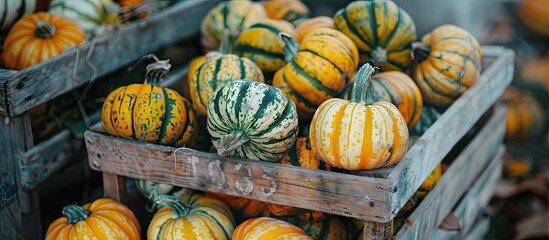 Poster - Close up of mini striped pumpkin gourds in a wooden crate at the farm in autumn with copy space image