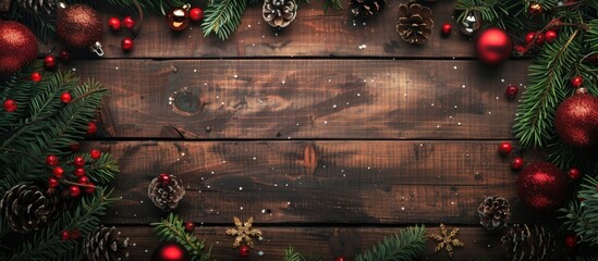 Leinwandbilder - Top view of a Christmas themed wooden background with ample copy space image