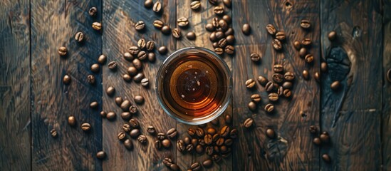 Canvas Print - Coffee stained glass rests on a wooden table surrounded by scattered coffee beans offering copy space for an image