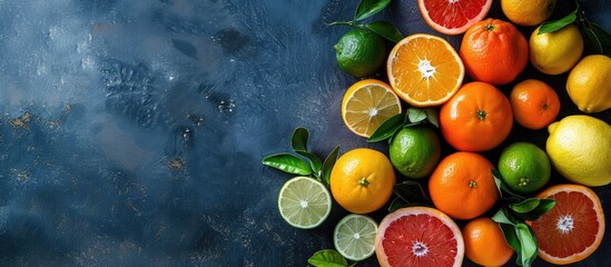 Sticker - Citrus fruits like tangerines lemons limes oranges and grapefruits arranged on a dark table with space for text in the image. Creative banner. Copyspace image