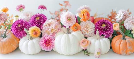 Aufkleber - Colorful chrysanthemums and peonies arranged with white pumpkins on a Thanksgiving themed white table offering a scenic copy space image