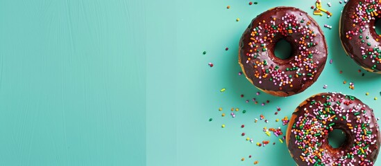 Poster - Delicious chocolate donuts with sprinkles on a vibrant green surface Unhealthy yet tasty treats with a copy space image available Top down perspective