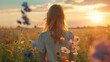 © Viktor - A woman poses in a flower field as the sun sets, kite soaring above