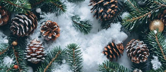 Aufkleber - Top down view of a Christmas tree adorned with pine cones and twigs covered in snow providing an ideal copy space image