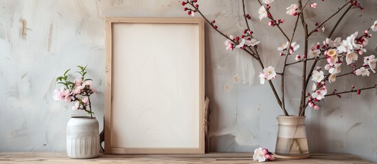 Poster - There is a blank frame on the table with a floral arrangement adding to the decor creating a delightful copy space image