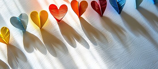 Poster - Colorful velvet paper hearts on a white surface casting shadows and light creating an abstract background with texture for a copy space image