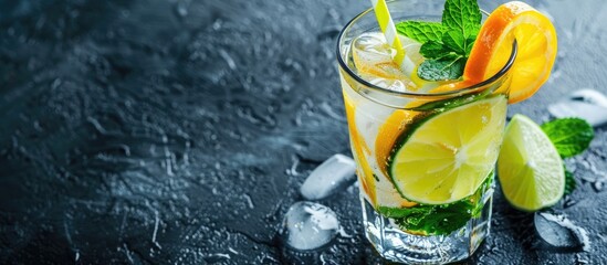 Aufkleber - Close up view of a refreshing mocktail in a citrus glass with ice straw lime and mint on a dark table with copy space image
