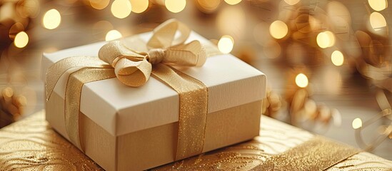 Poster - Close up of a gift box with a blank card mockup against a golden background ideal for a Christmas or New Year s greeting card offering ample copy space for customization