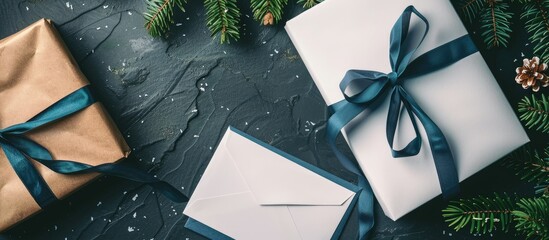 Poster - Blurry white card with a festive spruce branch wrapped gift craft envelope and blue ribbon on a dark backdrop Mockup frame with empty paper sheet for Christmas Out of focus copy space image
