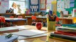 © fivan - A teacher’s desk filled with papers, books, and an apple, set in a colorful classroom