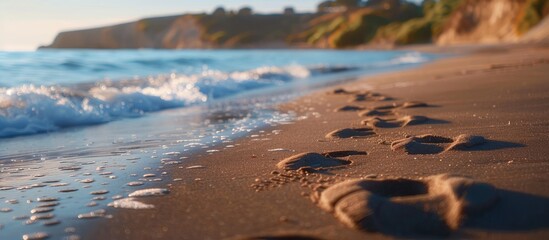 Aufkleber - Close up of footprints in the sand near the water on a beach with copy space image