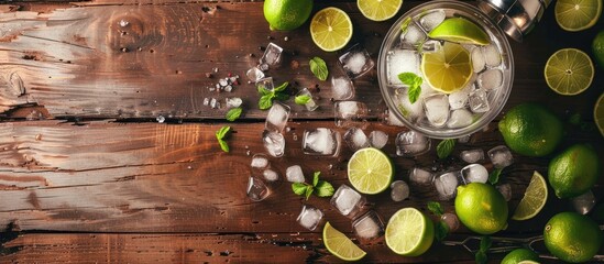Aufkleber - A cocktail being made with ice limes in a glass on a wooden table viewed from the top with space available for text or images. Creative banner. Copyspace image