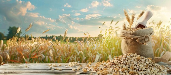 Poster - Bag of raw oatmeal and a wooden scoop on a table with a ripe cereal field in the background providing a serene copy space image