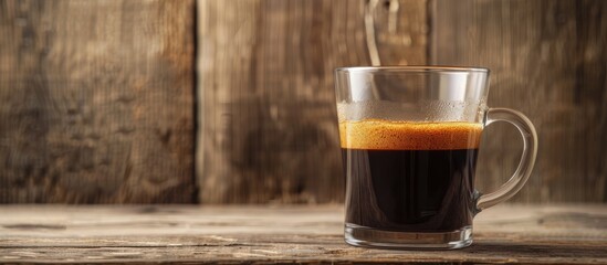 Aufkleber - Clear glass mug with hot coffee placed on a wooden surface providing ample space for adding text in the image