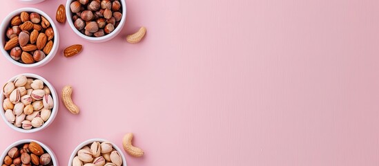 Poster - Top down frame mockup featuring nuts displayed in bowls on a pink background with copy space image