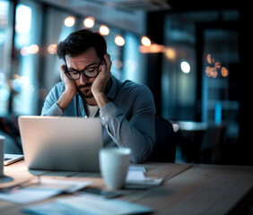 overtired, overwhelmed man falling asleep in front of a laptop in the office; businessman working on laptop; concept of work load, life - work balance, copy space for text