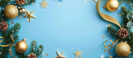 Aufkleber - Flat lay Christmas frame border featuring golden balls stars and ribbon on a blue background with copy space image