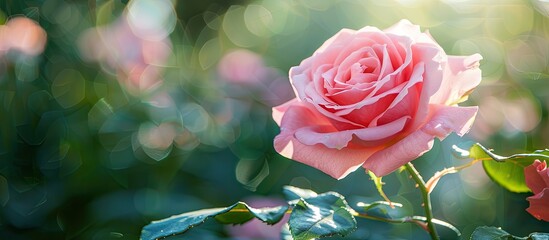 Leinwandbilder - Daylight illuminates a beautiful pink rose blooming in a garden ideal for Valentine s Day or special anniversary themed copy space images