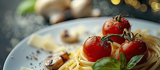 Aufkleber - A dish of spaghetti garnished with three tomatoes and mushrooms creating a visually appealing meal with copy space image