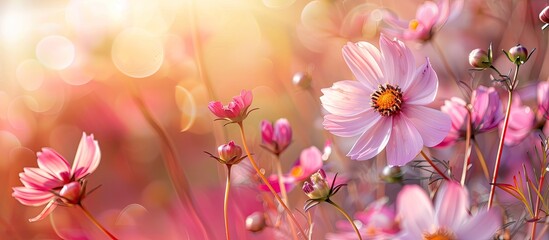 Wall Mural - vibrant cosmos flowers in full bloom during the autumn season creating a picturesque scene with copy