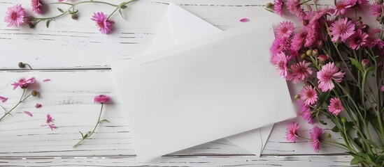 Poster - Top view of a blank white greeting card featuring a bouquet of pink aster flowers with an envelope placed on a white wooden surface ideal for a copy space image