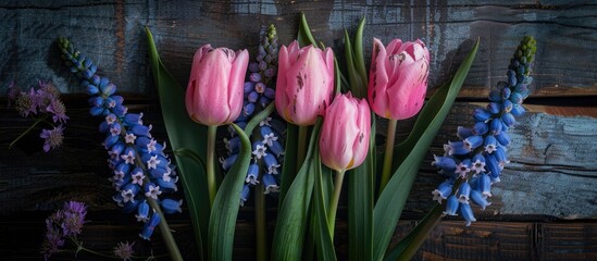 Poster - Close up image of fresh pink tulips and blue hyacinths against a dark aged wooden backdrop with copy space image