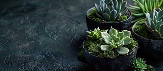 Poster - Isolated dark potted succulent and cactus plants with decorative moss with a background for copy space image