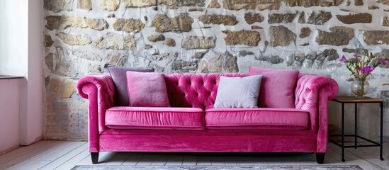 Aufkleber - Bright pink sofa in a loft style interior with a stone wall ideal for a copy space image