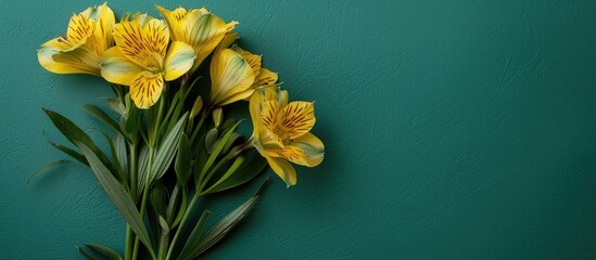 Fototapete - Top view bouquet of yellow Alstroemeria flowers on a green background with copy space image