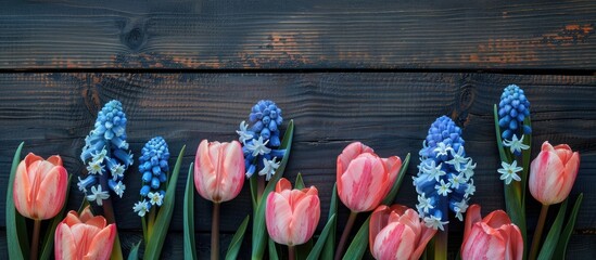 Poster - Close up image of fresh pink tulips and blue hyacinths against a dark aged wooden backdrop with copy space image