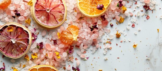 Canvas Print - A detailed photo showcasing homemade bath salts adorned with dried fruit and flower petals within a copy space image