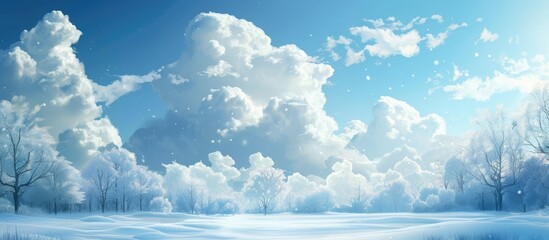 Aufkleber - A cozy and picturesque winter scene depicts a clear blue sky with fluffy white cumulus clouds suitable for copy space image