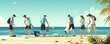 © nitiroj - Beach cleanup, volunteers collecting trash, flat design illustration