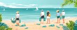 © nitiroj - Beach cleanup, volunteers collecting trash, flat design illustration