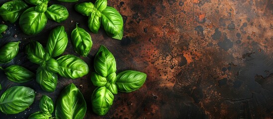 Aufkleber - Top view of basil a green herb used in cooking on a food background with space for text or images. Creative banner. Copyspace image