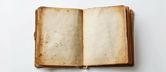 Fototapete - Blank vintage notebook on a white backdrop with room for text or graphics Copy space image