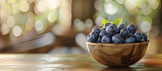 Poster - Blueberries in a wooden bowl on a table with a blurred background perfect for a copy space image
