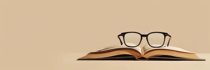 Fototapete - A black-framed pair of glasses rests on top of an open book, with the pages facing the viewer. The book lies on a light beige surface. Generative AI
