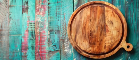 Poster - Circular cutting board on a vibrant wooden backdrop with ample copy space image