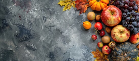 Aufkleber - Autumn harvest creating a cozy ambiance on a gray concrete backdrop ideal for copy space image